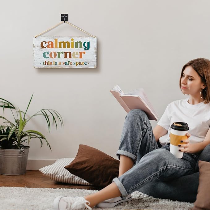 Calming Corner Hanging Wood Sign Plaque - Safe Space, Classroom Decor, School Counselor Office, Calm Down Corner Decorations, Boho Decor (Yellowish White), 12x6
