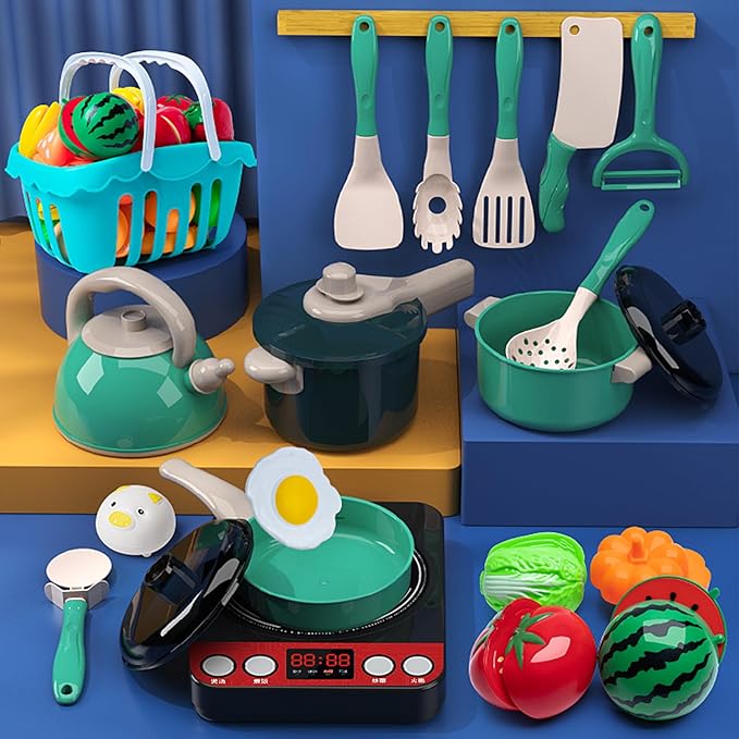 108Pcs Kids Kitchen Toy Accessories, Toddler Pretend BBQ Camping Cooking Playset, Utensils Cookware Toys, Play Food Set, Toy Vegetables, Learning Gift for Girls Boys