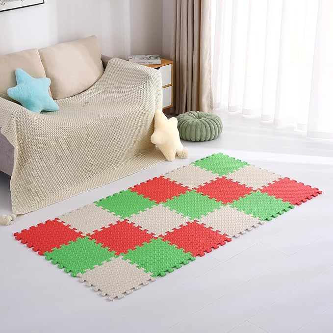 Foam Play Mat for Baby, 0.4 Inch Thick Foam Interlocking Floor Mats, Soft Non-Toxic Baby Playmat, Solid Colored Puzzle Play Mat Kids Floor Mats for Toddler, 16 Tiles(White/Red/Green)