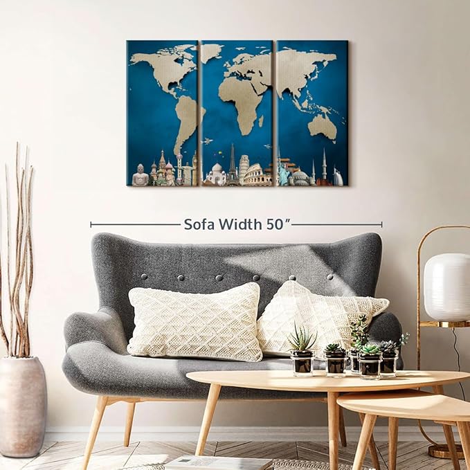 ElephantStock Ocean Blue World Map Multi Piece Canvas - 3 Panel Wall Decor - Map of the World Art - Canvas for the Office and Home - 38" X 24"