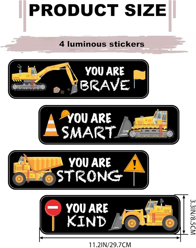 4 PCS Construction Wall Decals Glow in The Dark，Construction Stickers Toddler Room Decor for Kids Baby Nursery, Boys Glowing Motivational Wall Art Inspirational Sticker