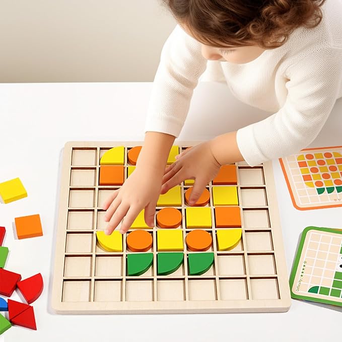 Wooden Mosaic Puzzles 120PCS Pattern Blocks Preschool Learning Activities Educational Toys Shape Matching Game Montessori Toys for Toddlers Kids Boys Girls 3 4 5 Years Old