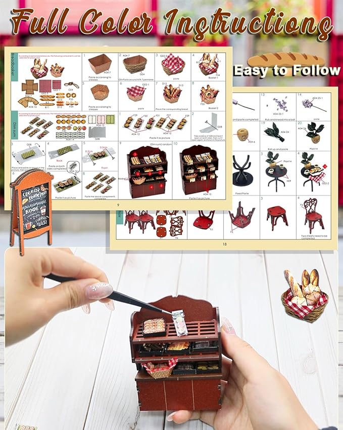 Miniature House Kit Julia Bakery, DIY Dollhouse Kit for Adults with Furniture & LED, Tiny House Kit Wooden Craft Gift for Adults Women Teens