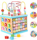 Qilay Wooden Activity Cube for Toddlers 1-3 (Large), 5 in 1 Multipurpose ABC-123 Abacus Bead Maze Shape Sorter | Early Educational Toy for Toddlers - First Birthday Present for Boys Girls