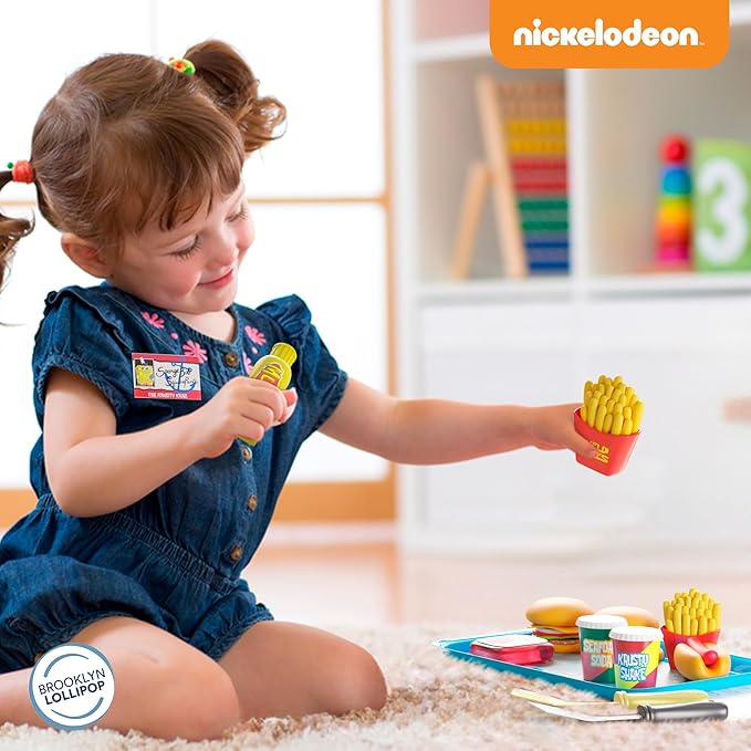 Spongebob Kids Kitchen Playset - Interactive Play Food with 2 Krabby Patty Burgers, Seafoam Shake, Kelp Fries, Spongebob Toys Kitchen Set for Kids Ages 3-5 Includes Velcro Dots
