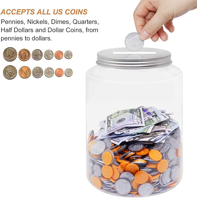 Large Clear Coin Bank Jar with Slotted Lid, 1 Gallon Plastic Money Tip Change Savings Coin Jar for Coin or Raffle Ticket, Big Clear Money Coin Tip Piggy Change Bank Box for Adults Teens