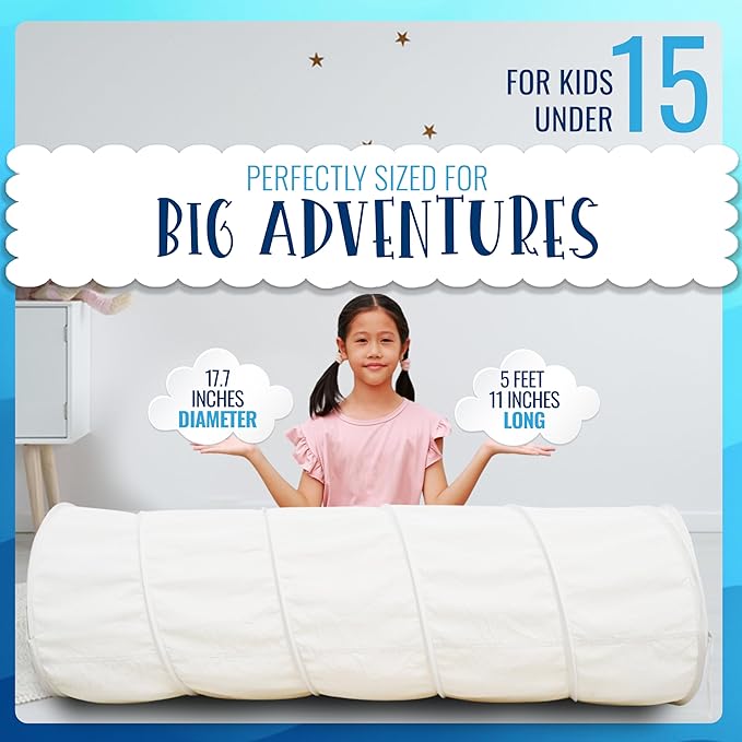 River & Aria Co Kids Tunnel Toys for Toddlers 1-3 - Baby Tunnel Crawl Indoor and Outdoor, 6ft Kids Tunnels Crawl, Interactive Hide and Seek Play for Children (Ivory)