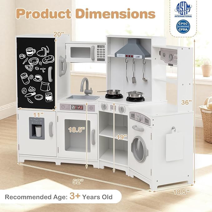 HONEY JOY Corner Play Kitchen, Large Wooden Pretend Toy Kitchen Set w/Lights, Ice & Coffee Maker, Range Hood, Chalkboard, Microwave, Cookware, Little Chef Kids Kitchen Playset for Toddlers (White)