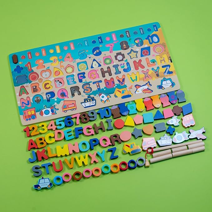 Wooden Alphabet Puzzle All in One Letters Shape Number Matching Board Montessori Educational Early Learning Toy for Preschool Kids
