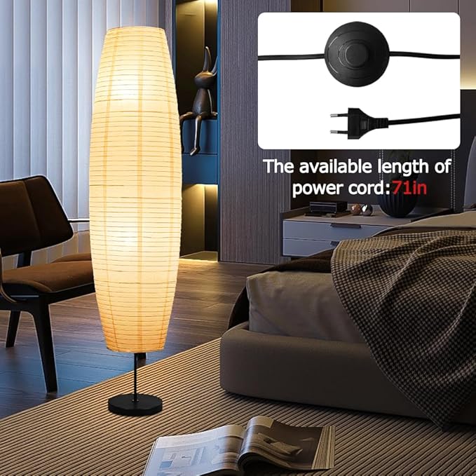 Beige Paper & Stainless Steel Floor Lamp for Living Room, Bedroom, Dorm Room, Office, Coffee, College Dorm, Cafe, Bookcase, Guest Cottage, Decoration