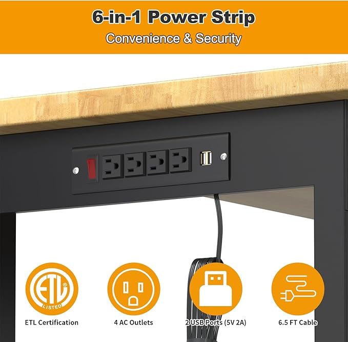 48" Adjustable Workbench for Garage, Solid Wood Top Work Bench for Garage, 2000 LBS Heavy-Duty Worktable with Power Outlets, Portable Work Station for Repair Shop, Workshop, Office
