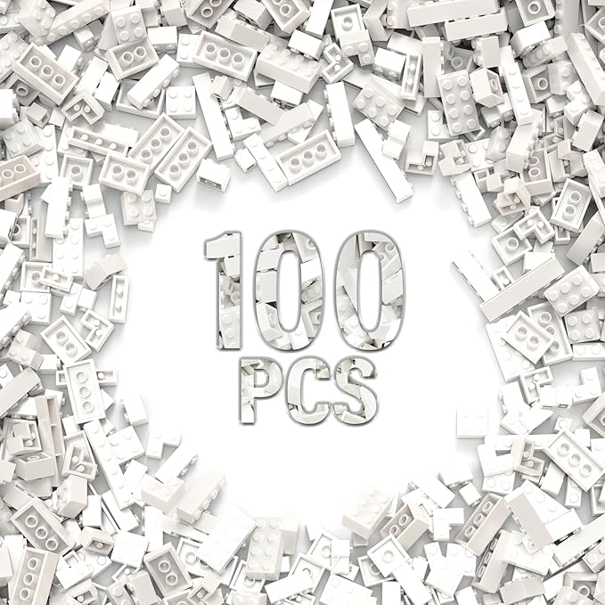 100 Piece Classic Building Blocks, Compatible with Lego, White Bricks in Bulk