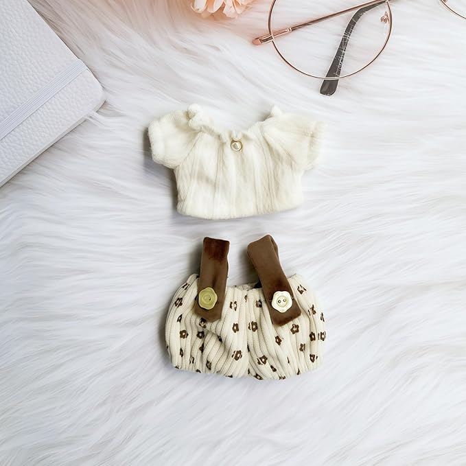 Clothes for Dolls Accessories (No Doll), Cute Outfit Set 3 Pieces Bib Pants Suitable for 15 & 17cm Doll Suit, Stylish Dress Up Overalls Doll Clothing Set Replacement with Hat Clothes Beige