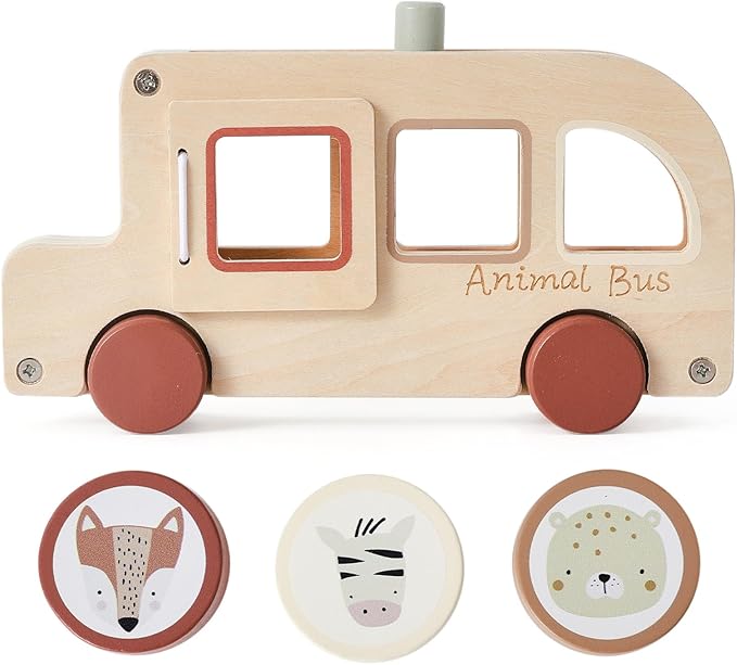 Wooden Animal Bus Toy with 3 Removable Animal - Shaped Discs, Designed with Pop Up, Roll and Ride Toy for Toddler Aged 3 Years and Up, Interactive Montessori Educational Toy for Toddlers' Daily Play