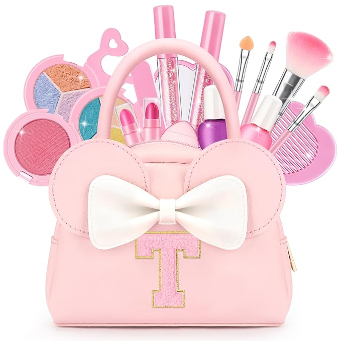 Kids Real Makeup Kit for Girls - 18Pcs Non-Toxic Washable Make Up Toys with Initial Toddler Purse - Personalized Birthday Gifts for Age 3 4 5 6 7 8 9 10 Years Old Girls Vanity Set - T
