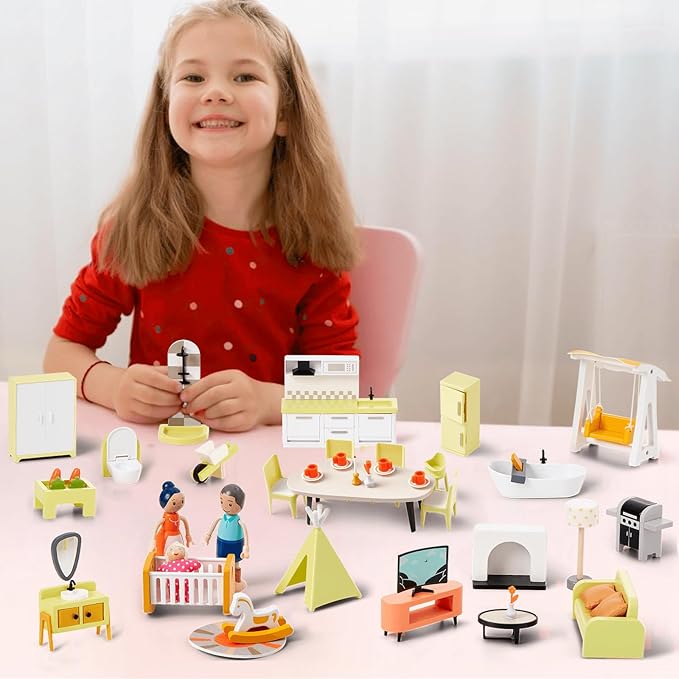 Giant bean 85pcs Wooden Plastic Dollhouse Furniture Set for 6 Rooms, Modern Dollhouse Accessories Pretend Play Furniture Toys Gift for Boys Girls Toddlers & Kids 3 4 5 6 7 Years and up