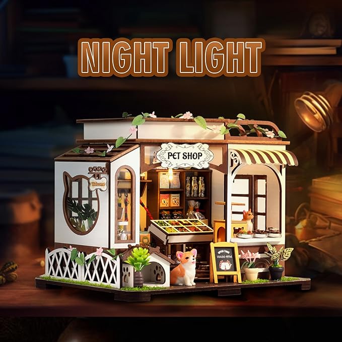 DIY Miniature House Kit,Pet Shop Dollhouse Miniature Kit with LED & Furniture,Mini Diorama House Building Kit for Adults Teens,3D Wooden Crafts Tiny House Mini Model Kit,Home Decor Birthday Gifts