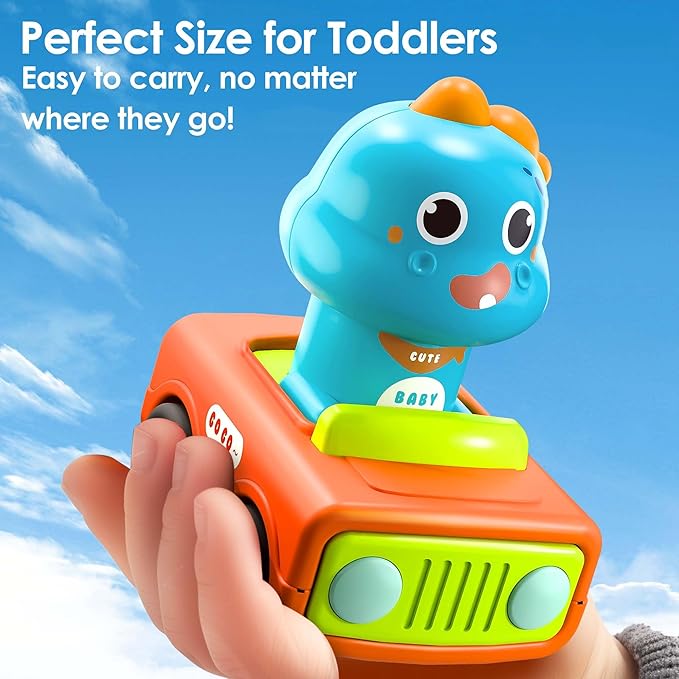 iPlay, iLearn Press to Go Car Toys for Toddlers 1-3, Baby Animal Race Cars, Infant Play Vehicle Set, Boy Push Go Friction Dino Cars for 6-9-12-18 Month, 1st Birthday Gift Stuffer for 1-2 Years Old Kid