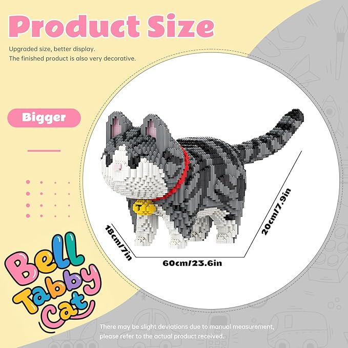 Animal Gray Striped Bell Cat Micro Mini Building Blocks Sets Large Cute Cat Building Kits Model Toys Gift for Adults Kids Teens 6500 PCS
