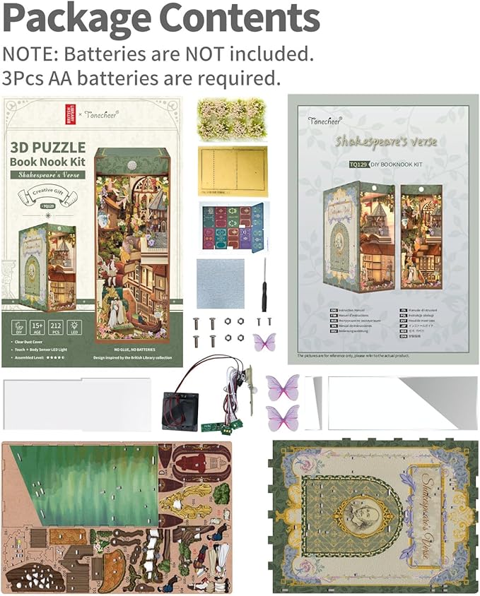 Tonecheer x British Library DIY Book Nook Kit, Shakespeare 3D Wooden Puzzle for Adults, Miniature House Kit Booknook Bookshelf Insert Decor with LED Lights Craft Gifts (Shakespeare's Verse)