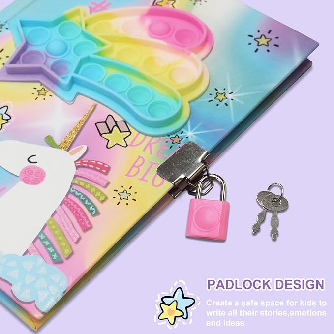 Pop Girls Diary with Lock and Invisible Ink Double-end Pen, 7.5x5.4 Inches 160 Lined Pages Fidget Unicorn Girls Journal for Kids Secret Notebook Pen Set Birthday Gifts for Girls 5 6 7 8 9 10 Years Old