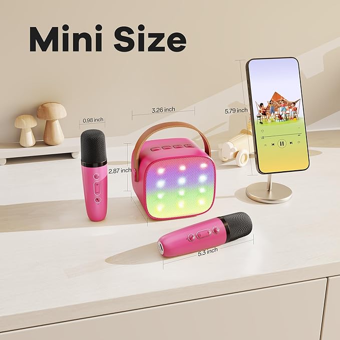 Mini Karaoke Machine for Kids Toys, Portable Bluetooth Speaker with 2 Wireless Microphones, Birthday Gifts for Girls 3, 4, 5, 6, 7, 8, 9, 10, 11, 12+ Years Old Toddler Teens (Hotpink)