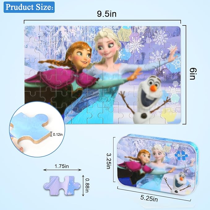 Puzzles for Kids Ages 4-8,Kids Puzzls in a Metal Box,Winter Princess Snowman Small Puzles,Kid Boys Girls Learning Educational Puzzle Packed in Tin Box,60 Pieces