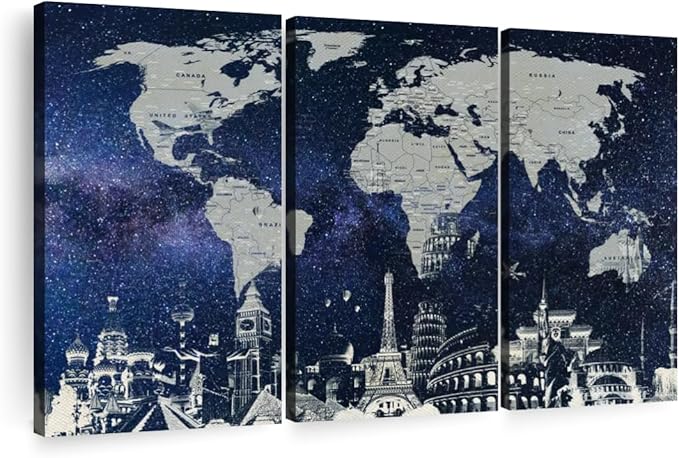 ElephantStock Starry World Map Multi Piece Canvas - 3 Panel Wall Decor - Map of the World Art - Canvas for the Office and Home - 74" X 48"