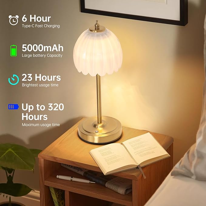 Cordless Small Table Lamp with 5000mAh Battery & Touch Control - 3 Adjustable Color Temperatures, Dimmable Rechargeable Table Lamps for Living Room, Bedroom, Desk, Nightstand (White Tulip)