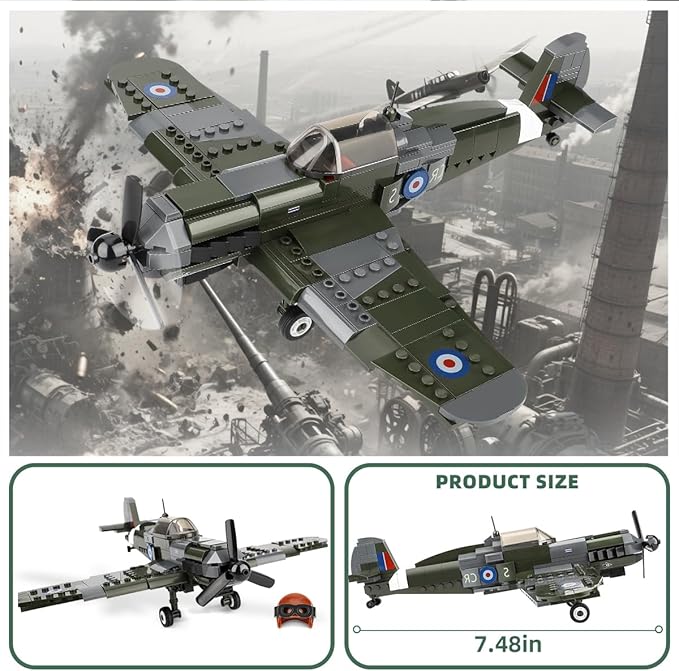 WW2 Spitfire Fighter Military Plane Building Set - with Sliding Features, Compatible with Lego Plane, Rotating Propellers, and an Open Cockpit Door