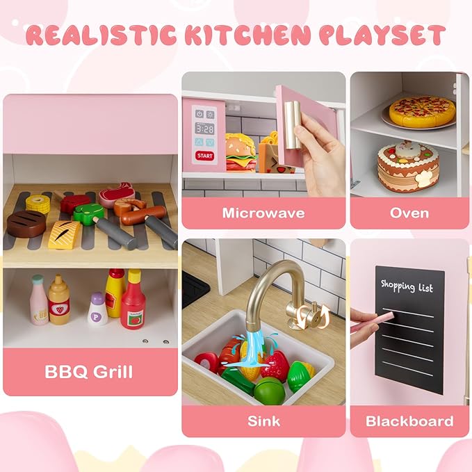 Costzon Kids Kitchen Playset, Wooden Pretend Play Kitchen with BBQ Grill, Ice Maker, Range Hood, Blackboard & Cooking Accessories, Toy Kitchen Set with Lights & Sounds, Gift for Toddlers Ages 3+