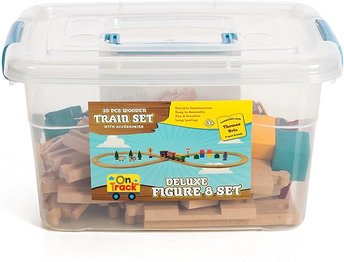 Wooden Train Set 100 Piece All in One Wooden Toy Train Tracks Set with Magnetic Trains and Railway Accessories, Comes in A Clear Container, Compatible with All Major Brands
