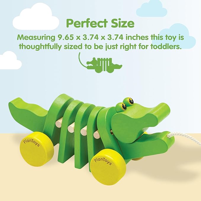 PlanToys® Dancing Alligator Pull Toy for Toddlers | Eco-Friendly Wood Toy with Click-Clack Sound | Walking Toy for Babies