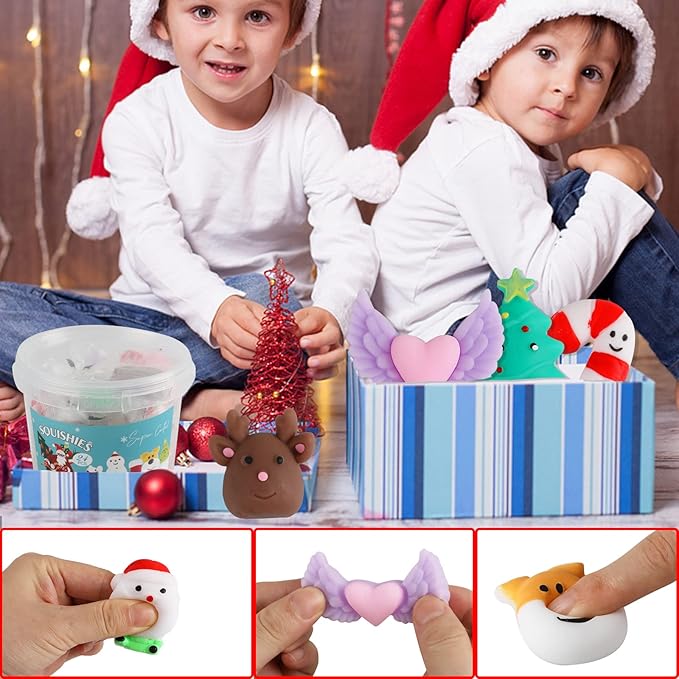 KINGYAO Squishy Fidget Toys, Mini Mochi Squishies 24 Pcs Party Christmas Mochi Favors for Kids Kawaii Snow Man Squishy Stress Relief Toys with Storage Box