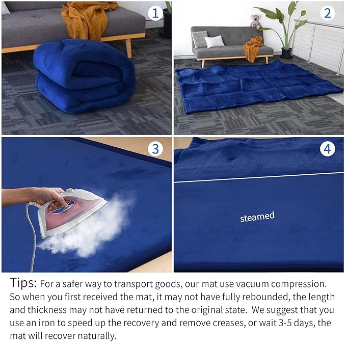 Baby Play Mat for Floor,1.3" Thick Memory foam Tummy Time Mat,Soft Coral Velvet Nursery Rug,Extra Large Non Slip Crawling Mats for Toddlers,Infants,kids,Yoga,Tatami Style for Living Room(Royal Blue)