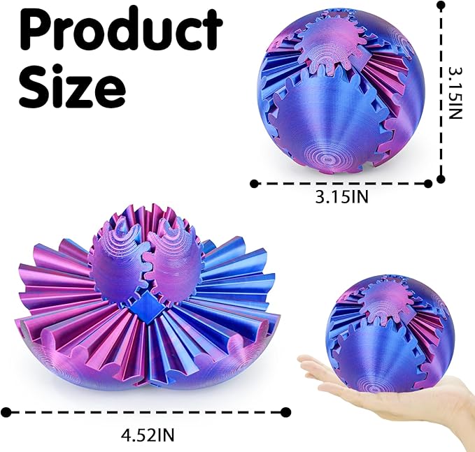 Gear Ball 3D Printed Cube Fidget Toy,Gear Sphere Fidget Toys,Sensory Toys for Stress and Anxiety Relief, Desk Toy Fidget Spinners,Stocking Stuffers for Adults & Kids Gift(Purple Blue, 3.1 Inch)