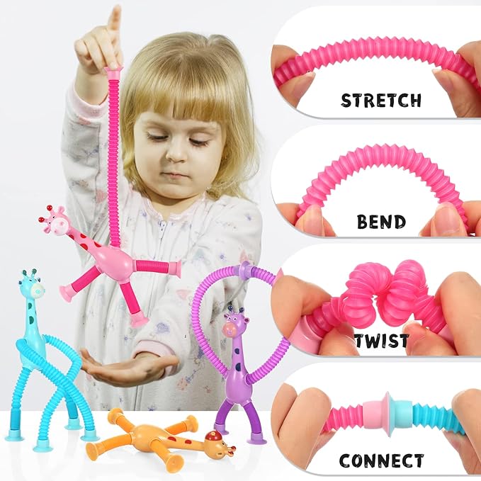 4Pcs Giraffe Pop Tube Sensory Toys, Telescopic Suction Fidget Toys for Autism, Toddler Travel & Airplane Activities, 2025 Boy & Girl Christmas Stocking Stuffers Gift Idea