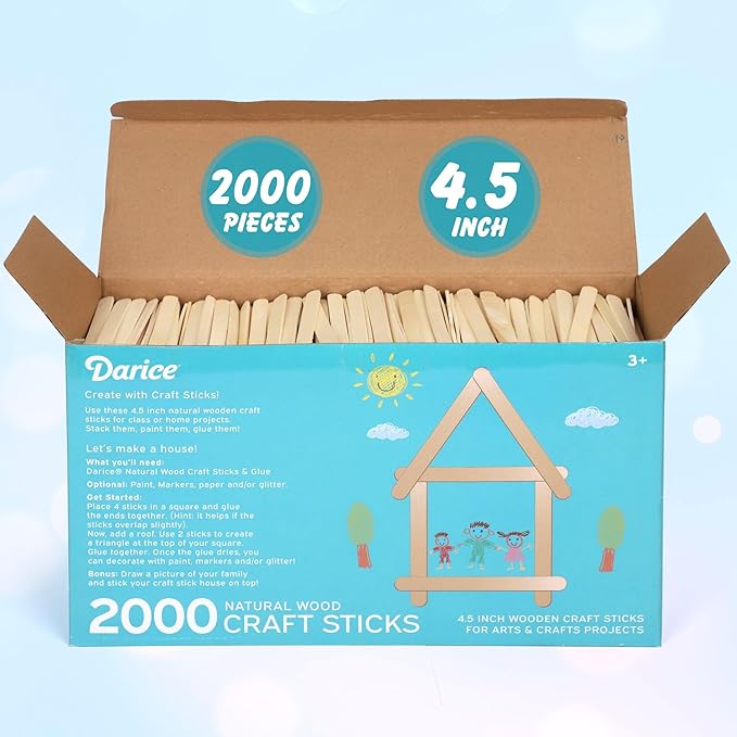Darice 2000 Pcs Popsicle Stick, 4.5" Natural Wood Craft Sticks Supplies, Ice-Cream Stick Pop, Ages 3+