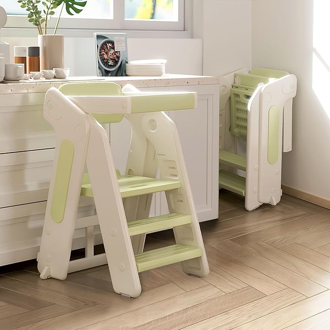 Toddler Tower Kitchen Stool Helper,Foldable/Adjustable Height Kids StandingTower Stool W/CPC Certification,for Kitchen Counter Bathroom Sink Cooking Child Ladder for Toddlers W/Safty Rail(Grey White)