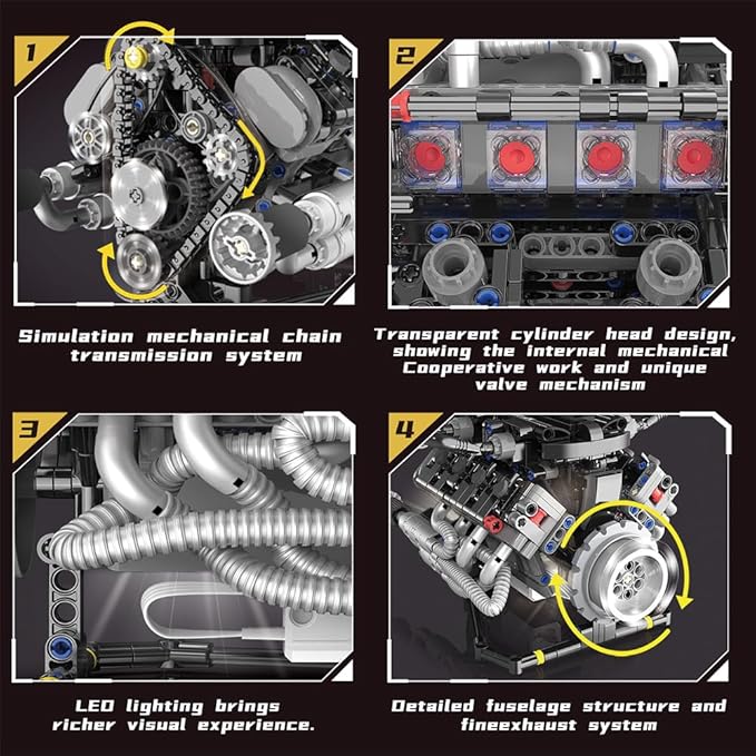39007 V8 Engine Model Kit, Runnable, Build Your own STEM Visible Mini V8 Engine Model Kit with Lights, Adult and Adolescent Physics Science Experiment Building Block Set (715 Pcs)
