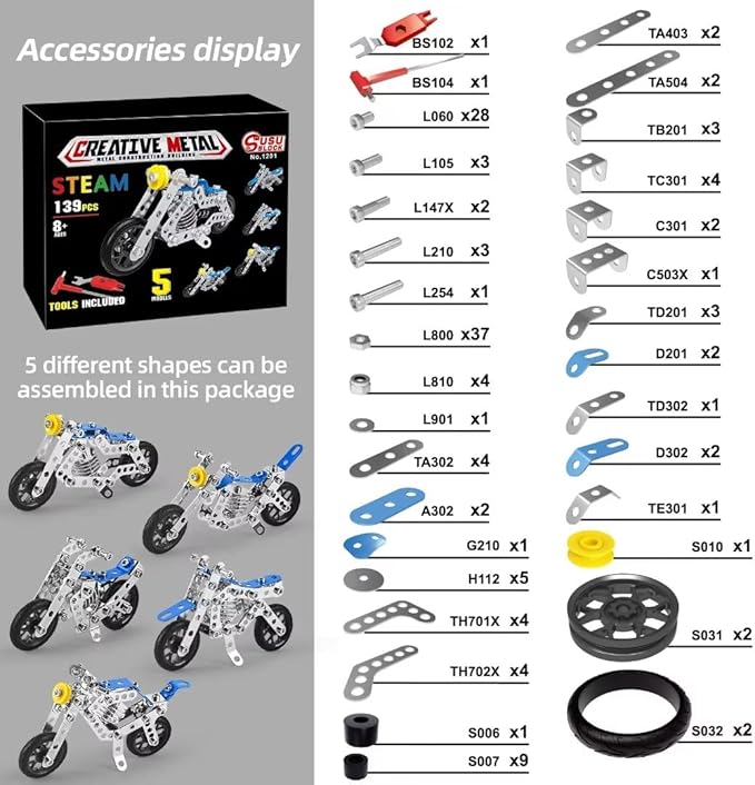 Creative Set Motorcycle,Stem Building Projects Toys for Kids 8 9 10 11 12+ Year Old,Metal Building Construction Model kit, 5 in 1 Motobike Building Blocks Steam Educational Toys(139PCS)