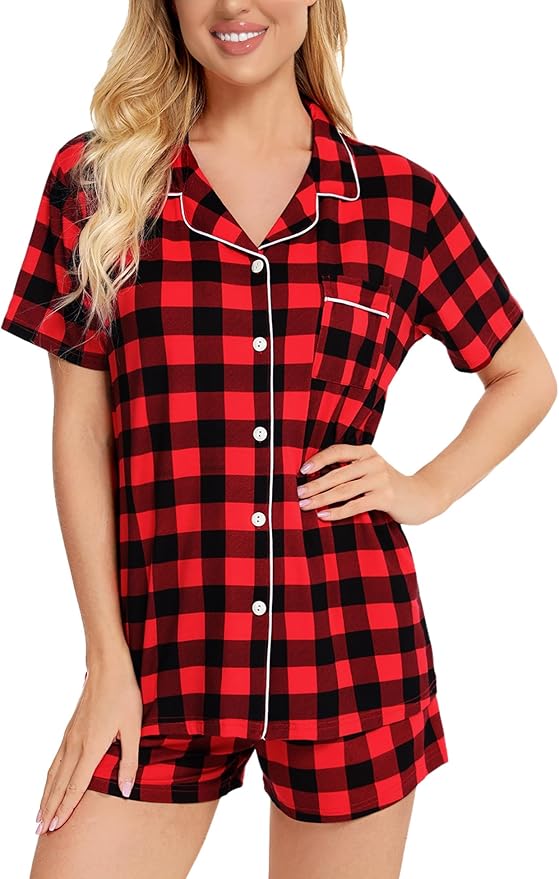 SWOMOG Womens Button Down Pajamas Set Short Sleeve Sleepwear Bride Soft Pj Lounge Sets XS-3XL