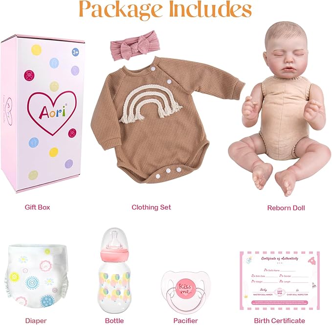 Aori 20 Inch Reborn Baby Doll - Hyper Realistic Lifelike Newborn Sleeping Girl with Rainbow Outfit, Soft Weighted Body Baby Doll for Girls Age 3 for Christmas, Birthday