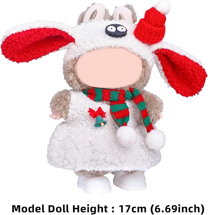 17cm Doll Clothes Designer Set-4 Piece Set Clothing for Dolls, Boys and Girls Stylish Adorable Outfits Clothes Accessories, Includes—Cute Sheep Hat + Plush Dress + Christmas Scarf + Shoes(Style E)