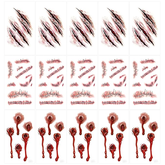 Scar Temporary Face Tattoo,Fake Bleeding Tattoos Sticker for Adult Kids Halloween Costume Accessories and Parties,15-Sheet