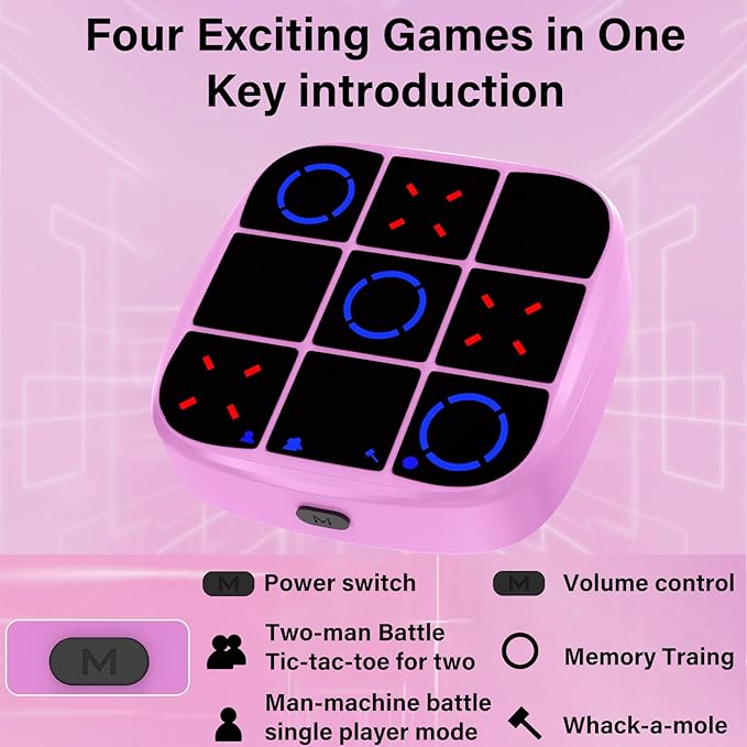 Tic-Tac-Toe Bolt Game, 4-in-1 Handheld Puzzle Games Console, Electronic Tic-Tac-Toe Game for Educational and Memory Growth, Portable Travel Games for Car Ride, Board Games for Kids and Adults (Pink)