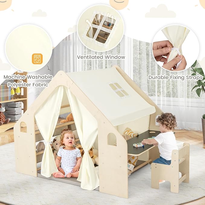 Costzon Large Kids Tent, 6-in-1 Wooden Frame Play House with Table and Chair Set, Blackboard, 6 Storage Bins & Soft Floor Mat, Indoor Playhouse for Boys Girls Aged 2-6 Years Old