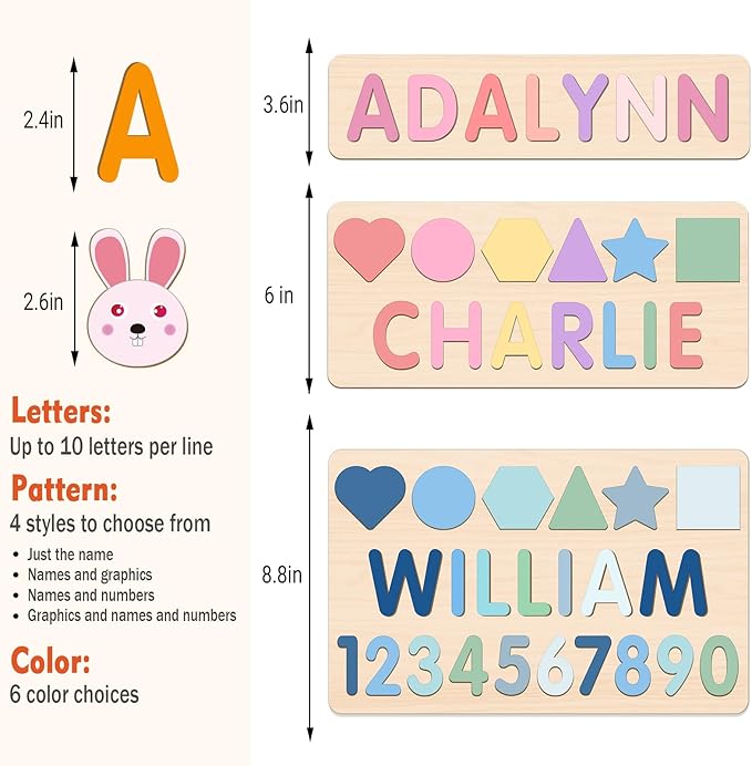 Name Puzzle for Kids Personalized, 1st Birthday Girl and Boy,Custom Baby Easter Gifts with Engraved Text on Back, Montessori Learning Toys for Boy & Girl (Pink Gradient)