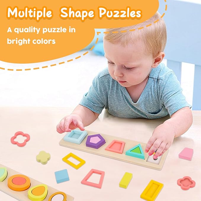 Adena Montessori Colorful Multiple Shape Puzzles Toys for 6-12 Months 1 Year Old Toddler Babies First Shapes Geometric Jumbo Knob Wooden Puzzle Color Sorter (10 Pieces)