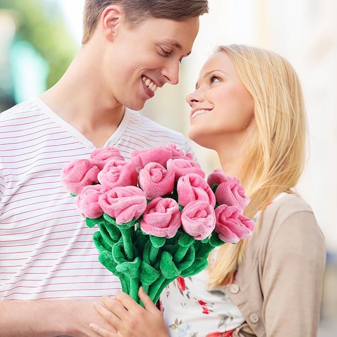 18 Pcs Plush Rose Flower Stuffed Bendable Stems Plush Bouquet Toy Soft Floral 12.6 Inch for Graduation 2025 Mother's Day Valentines Day Girl Girlfriend Wife Family and Friends(Pink Series)